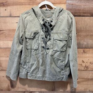 Free People Womens Safari Pullover Jacket Lace Up Army Green Anorak Hooded S